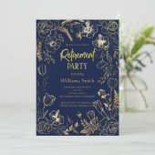 Elegant Navy Blue Gold Line Art Floral Retirement Einladung (Stehend Vorderseite)