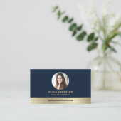 Elegant Navy Blue Gold Logo QR Code Photo Visitenkarte (Stehend Vorderseite)