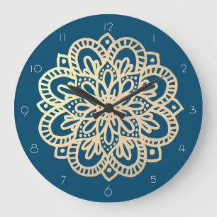 Elegant Navy Blue Gold Mandala Wall Clock Große Wanduhr