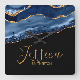 Elegant Navy Blue Gold Marble Agate Name Quadratische Wanduhr