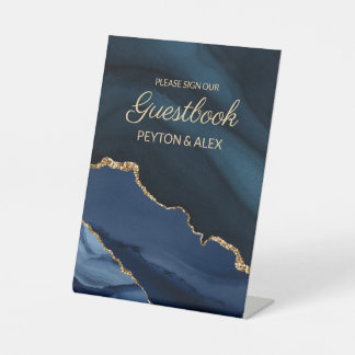 Elegant Navy Blue Gold Marble Wedding Gästebuch Sockelschild