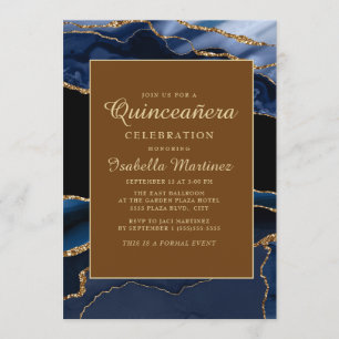 Elegant Navy Blue Gold Marmor Agate Quinceañera Einladung