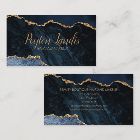 Elegant Navy Blue Gold Marmorhaar Makeup Visitenkarte (Vorne/Hinten)