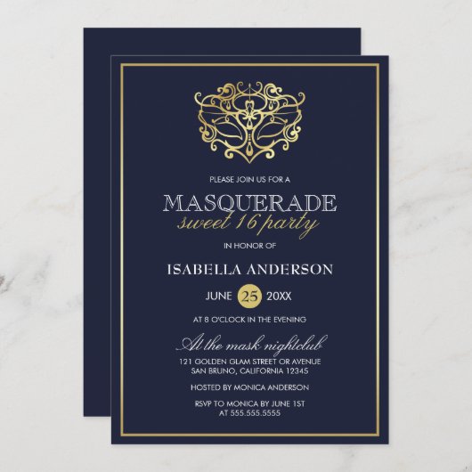 Elegant Navy Blue & Gold Masquerade Sweet 16 Party Einladung (Vorne/Hinten)