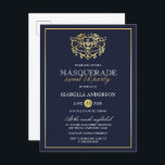 Elegant Navy Blue & Gold Masquerade Sweet 16 Party Einladungspostkarte<br><div class="desc">Elegante Navy Blue & Gold Masquerade Sweet 16 Party Postcard Einladungen. Mit einer goldenen Folienmaske aus Imitaten oben vor einem marineblau-blauen Hintergrund. Perfekt für eine moderne und dennoch schicke,  süße 16 Geburtstagsparty!</div>