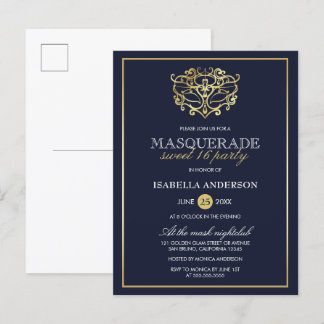 Elegant Navy Blue & Gold Masquerade Sweet 16 Party Einladungspostkarte