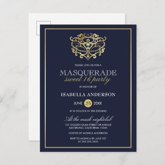 Elegant Navy Blue & Gold Masquerade Sweet 16 Party Einladungspostkarte (Vorne/Hinten)