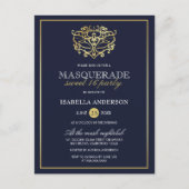 Elegant Navy Blue & Gold Masquerade Sweet 16 Party Einladungspostkarte (Vorderseite)