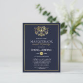 Elegant Navy Blue & Gold Masquerade Sweet 16 Party Einladungspostkarte (Stehend Vorderseite)