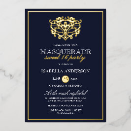 Elegant Navy Blue & Gold Masquerade Sweet 16 Party Folieneinladung