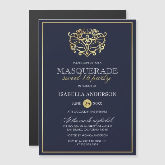 Elegant Navy Blue & Gold Masquerade Sweet 16 Party Magneteinladung (Vorne/Hinten)