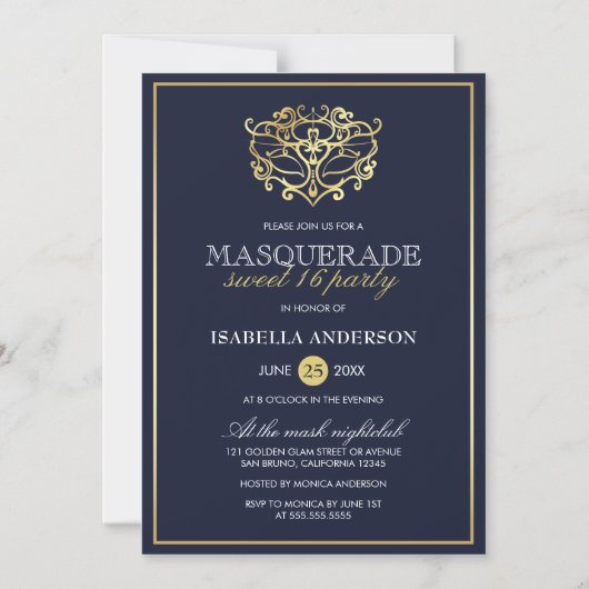 Elegant Navy Blue & Gold Masquerade Sweet 16 Party Magneteinladung (Vorderseite)