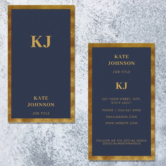 Elegant Navy Blue Gold Monogram Initials Visitenkarte