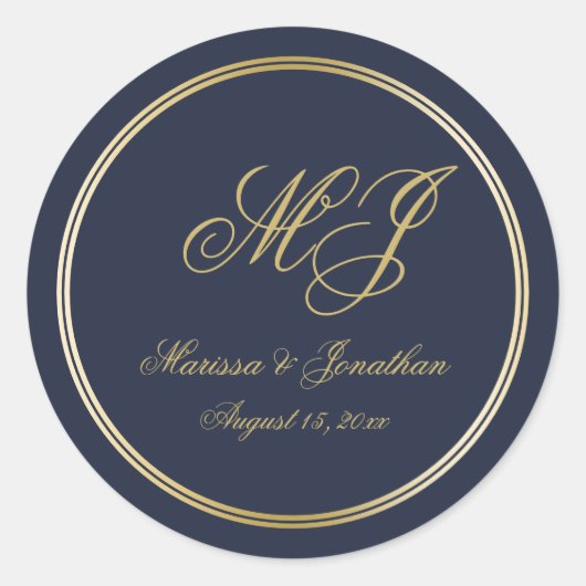Elegant Navy Blue Gold Monogram Script Wedding Runder Aufkleber (Vorderseite)