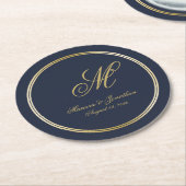 Elegant Navy Blue Gold Monogram Script Wedding Runder Pappuntersetzer (Angewinkelt)