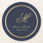 Elegant Navy Blue Gold Monogram Script Wedding Runder Pappuntersetzer (Vorderseite)