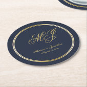 Elegant Navy Blue Gold Monogram Script Wedding Runder Pappuntersetzer (Angewinkelt)