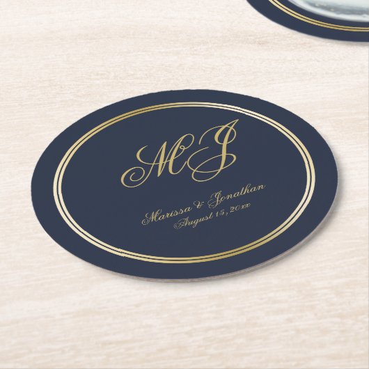 Elegant Navy Blue Gold Monogram Script Wedding Runder Pappuntersetzer (Angewinkelt)