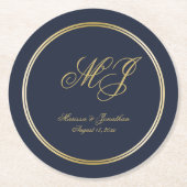 Elegant Navy Blue Gold Monogram Script Wedding Runder Pappuntersetzer (Vorderseite)