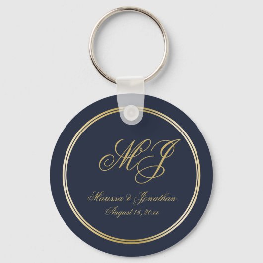 Elegant Navy Blue Gold Monogram Script Wedding Schlüsselanhänger (Vorderseite)