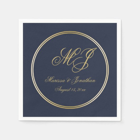 Elegant Navy Blue Gold Monogram Script Wedding Serviette (Vorderseite)