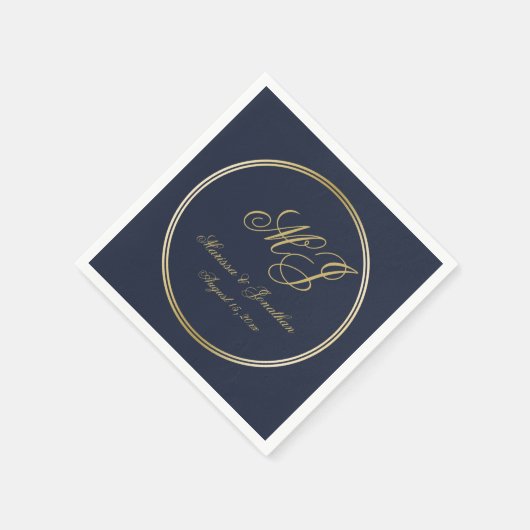 Elegant Navy Blue Gold Monogram Script Wedding Serviette (Ecke)