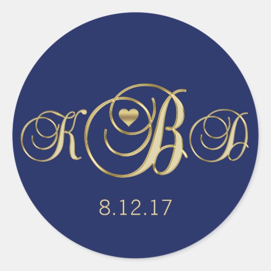 Elegant Navy Blue Gold Monogram Wedding Runder Aufkleber (Vorderseite)