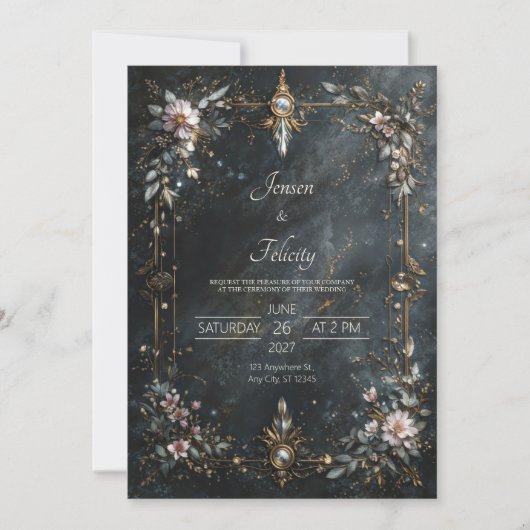 Elegant Navy Blue Gold Pink Floral Night Wedding Einladung (Vorderseite)