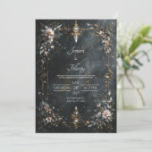 Elegant Navy Blue Gold Pink Floral Night Wedding Einladung (Stehend Vorderseite)