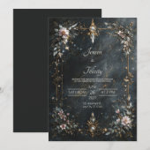 Elegant Navy Blue Gold Pink Floral Night Wedding Einladung (Vorne/Hinten)