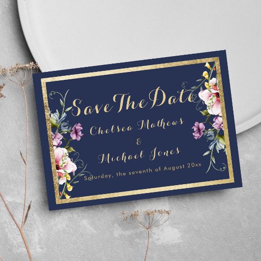 Elegant navy blue gold pink floral Save The Date