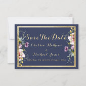 Elegant navy blue gold pink floral Save The Date (Vorderseite)