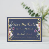 Elegant navy blue gold pink floral Save The Date (Stehend Vorderseite)