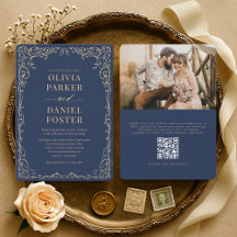Elegant Navy Blue Gold QR Code Photo Wedding