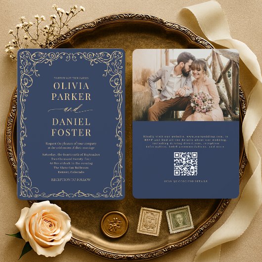 Elegant Navy Blue Gold QR Code Photo Wedding Einladung