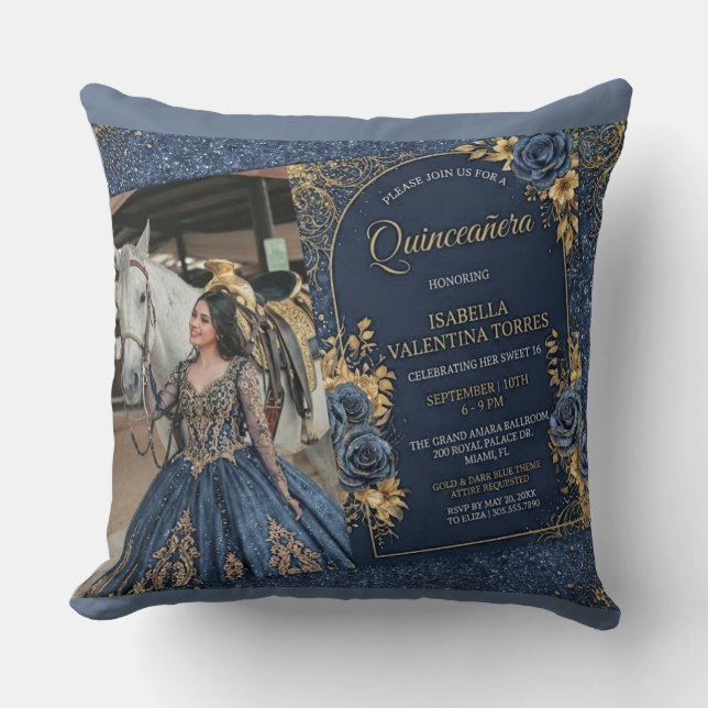 Elegant Navy Blue & Gold Quinceañera Photo Kissen (Vorderseite)