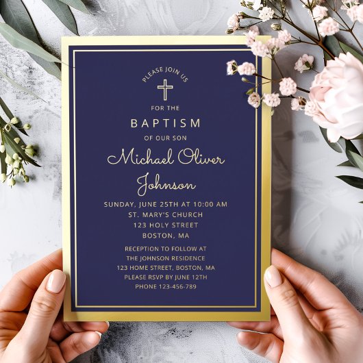 Elegant Navy Blue Gold Religious Cross Baptism Folieneinladung
