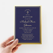 Elegant Navy Blue Gold Religious Cross Baptism Folieneinladung