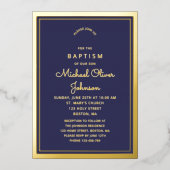Elegant Navy Blue Gold Religious Cross Baptism Folieneinladung (Vorderseite)
