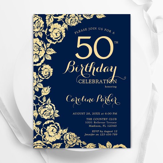 Elegant Navy Blue Gold Rose 50. Geburtstag Einladung