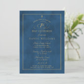 Elegant Navy Blue & Gold Script 1. Heilige Kommuni Einladung (Stehend Vorderseite)