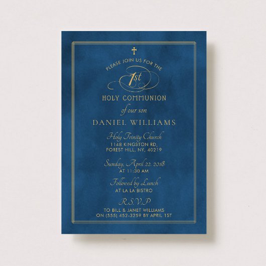Elegant Navy Blue & Gold Script 1. Heilige Kommuni Einladung