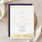 Elegant Navy Blue Gold Script Boy Taufe Folieneinladung
