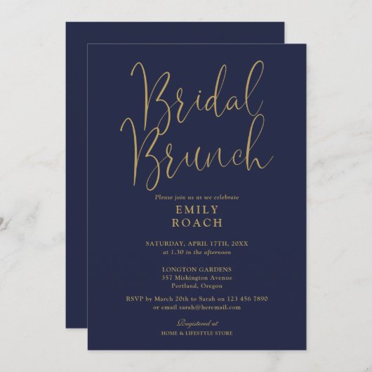 Elegant Navy Blue Gold Script Bridal Bunch Dusche Einladung (Vorne/Hinten)