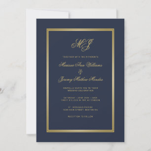 Elegant Navy Blue Gold Script Monogram Wedding Einladung