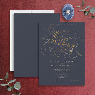 Elegant Navy Blue & Gold Script Wedding Einladung
