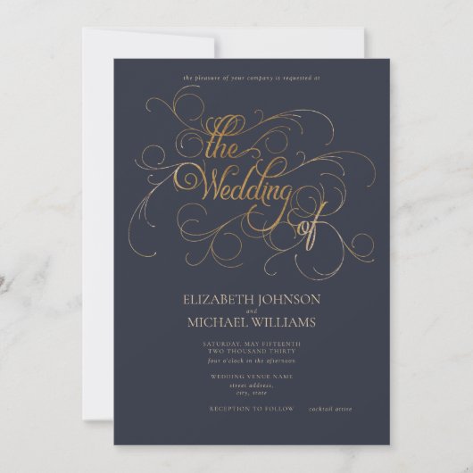 Elegant Navy Blue & Gold Script Wedding Einladung (Vorderseite)