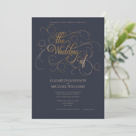 Elegant Navy Blue & Gold Script Wedding Einladung (Stehend Vorderseite)