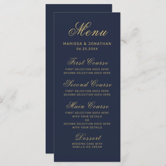 Elegant Navy Blue Gold Script Wedding Menükarte (Vorne/Hinten)