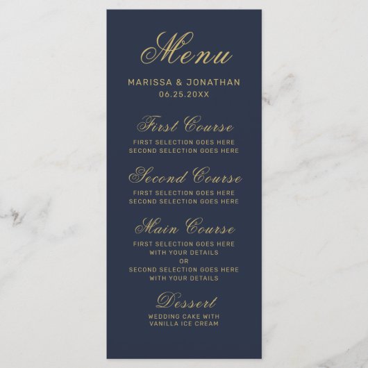 Elegant Navy Blue Gold Script Wedding Menükarte (Vorderseite)
